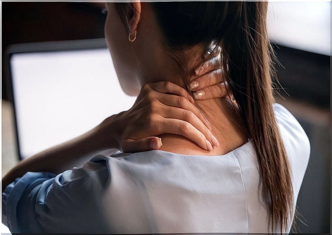 Woman with neck pain from poor posture.