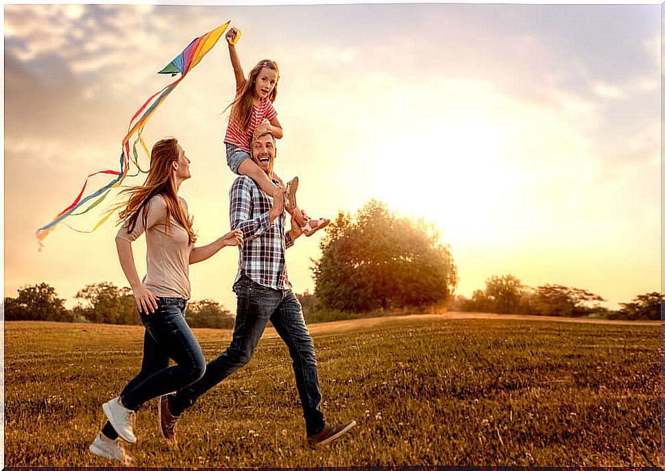 Happy family in the field with a kite