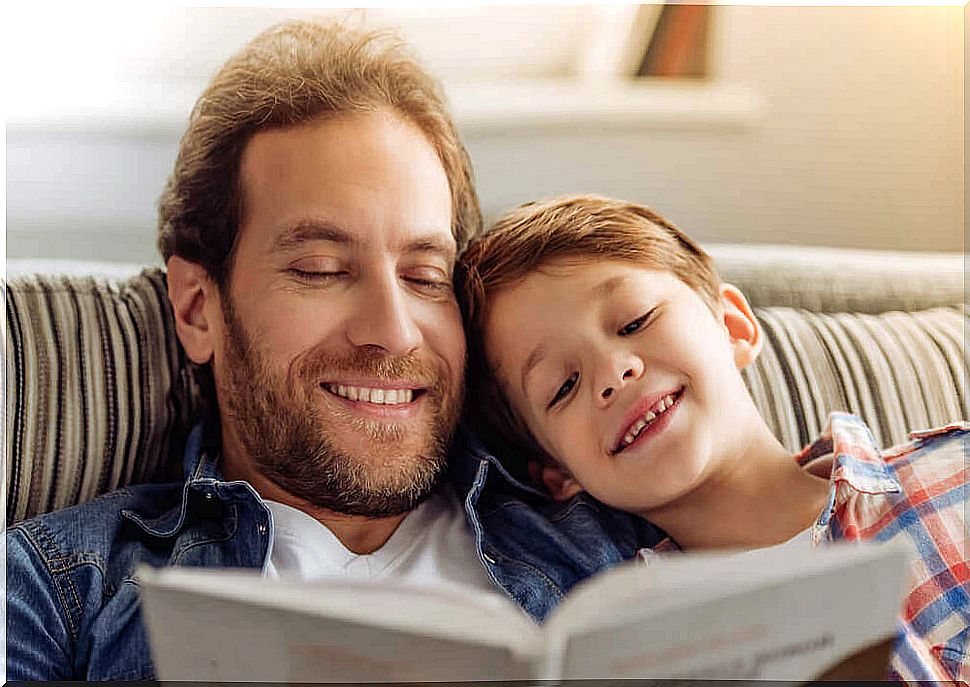 Father and son reading a story